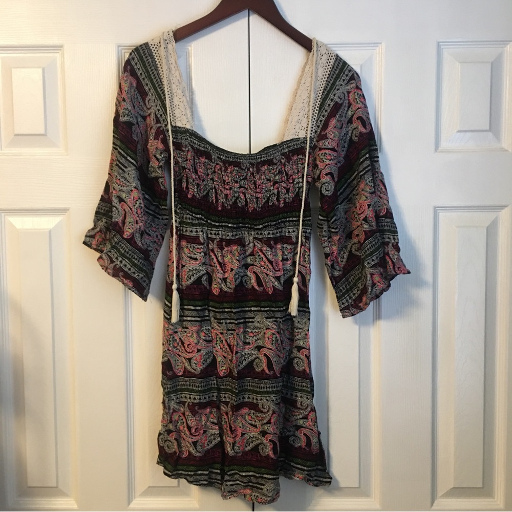 Derek Heart Multicolor Paisley Bohemian Lace Crochet Mini Dress
